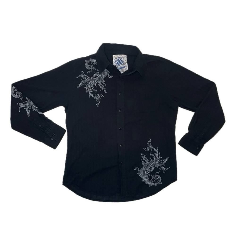 MK Machine Men’s black button up shirt with design.